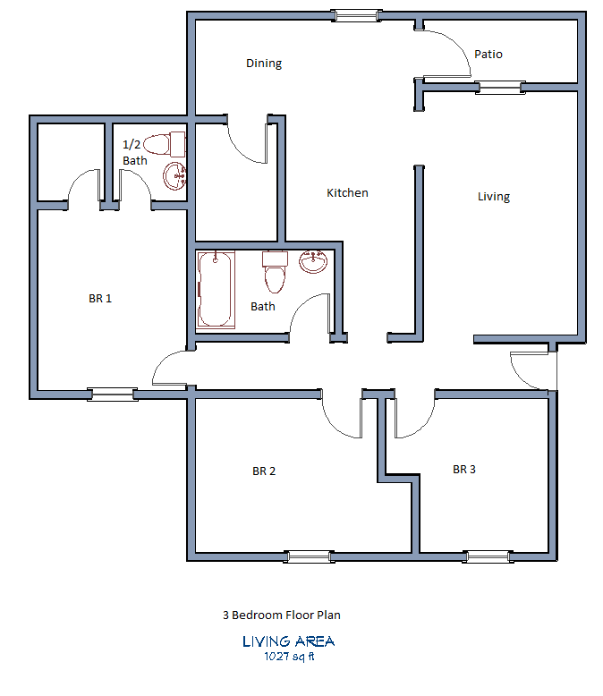 Floor plan for 3 beds, 2 baths, 1196 sqft